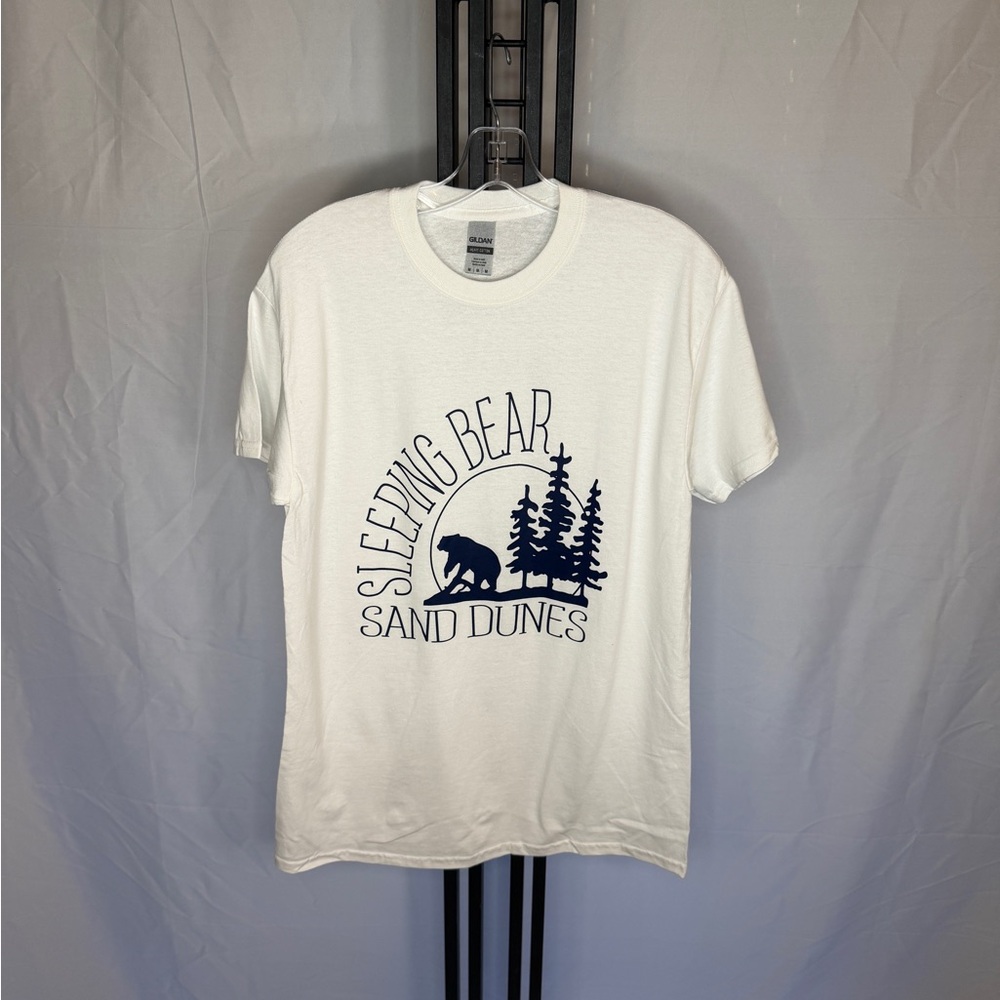 Gildan White T-Shirt with Blue Sleeping Bear Design